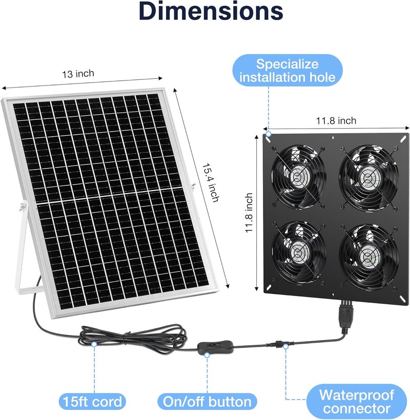 Fanspex Solar 4 Fan Kit, 25W Waterproofed Solar Powered Fans for Outdoor Chicken Coop, Greenhouse & Shed Intake or Exhaust Air - Image 4